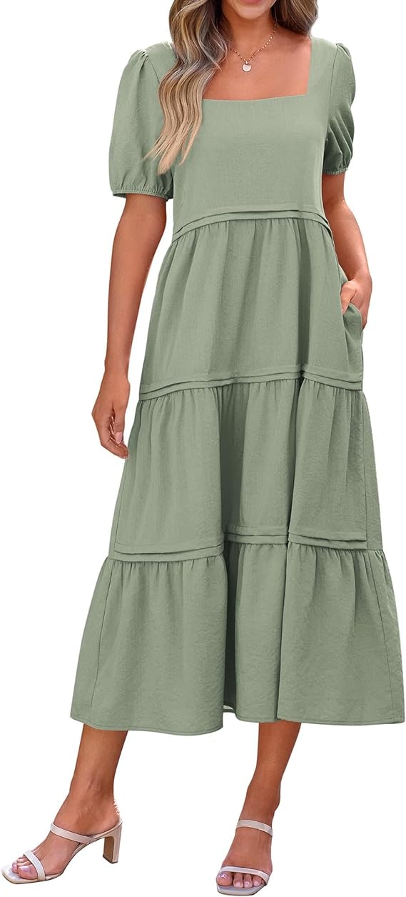 Womens Summer Maxi Dress Casual Loose Puff Sleeve Square Neck Tiered Maternity Flowy Long Dresses with Pockets