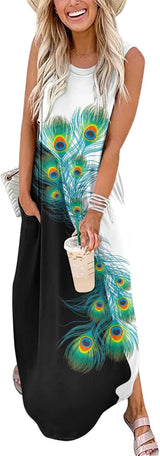 Women's Casual Summer Loose Sunresses Long Dresses Sleeveless Split Maxi Beach Dress with Pockets