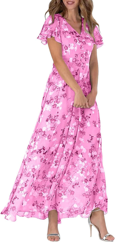 Floral Dress for Women Summer, Casual Chiffon Boho Maxi Fit and Flare V Neck Ruffle Short Sleeve Prom Party Dresses