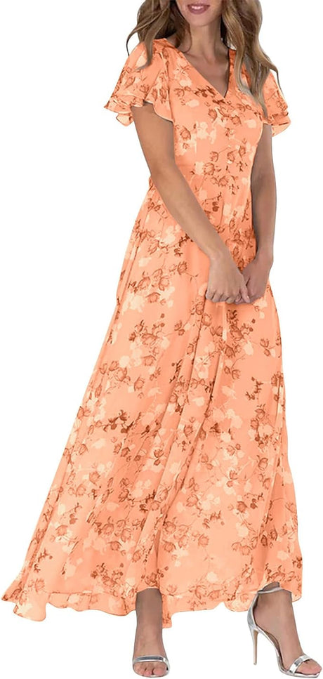 Chiffon Summer Dress for Women Casual Floral Boho Maxi V Neck Ruffle Swing Short Sleeve Vacation Sun Dresses