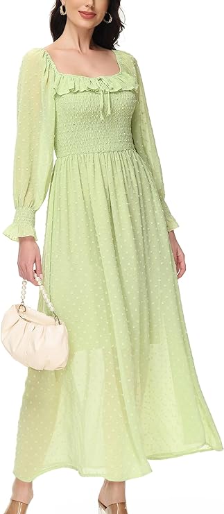 Long Sleeve Swiss Dot Lined Maxi Dress for Women Smocked Tied Detail Square Neck