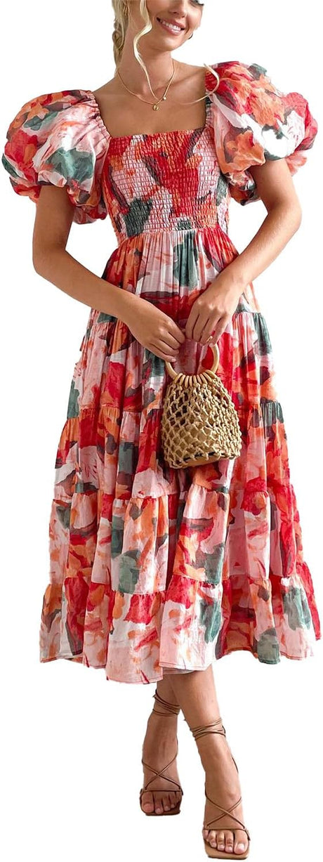 Womens Spring Summer Long Dresses Boho Floral Square Neck Midi Dress Puff Short Sleeve Tiered Maxi Dress Beach Sundress
