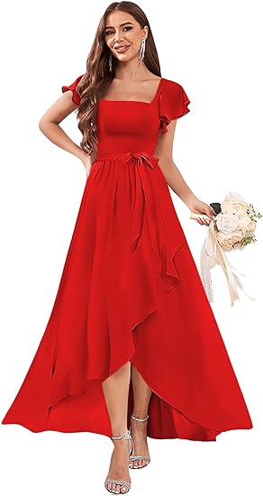 202405201213 Short Sleeves Bridesmaid Dresses with Slit Square Neck Corset Formal Dress High Low Chiffon Wedding Evening Dress