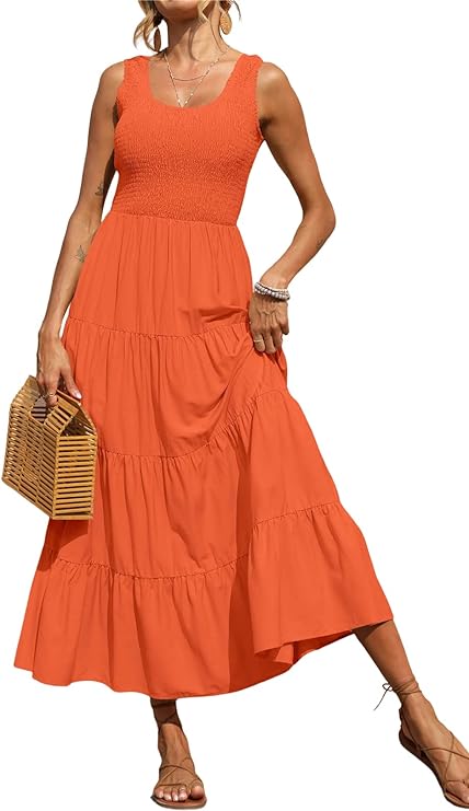 Women's 2024 Casual Loose Plain Maxi Sundress Smocked Tank Dress Sleeveless Summer Beach Tiered Long Dresses