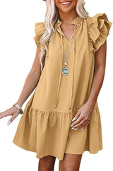 202404260956 Womens 2024 Summer V-Neck Drawstring Ruffle Cap Short Sleeve Side Pockets Mini Dress Sundress