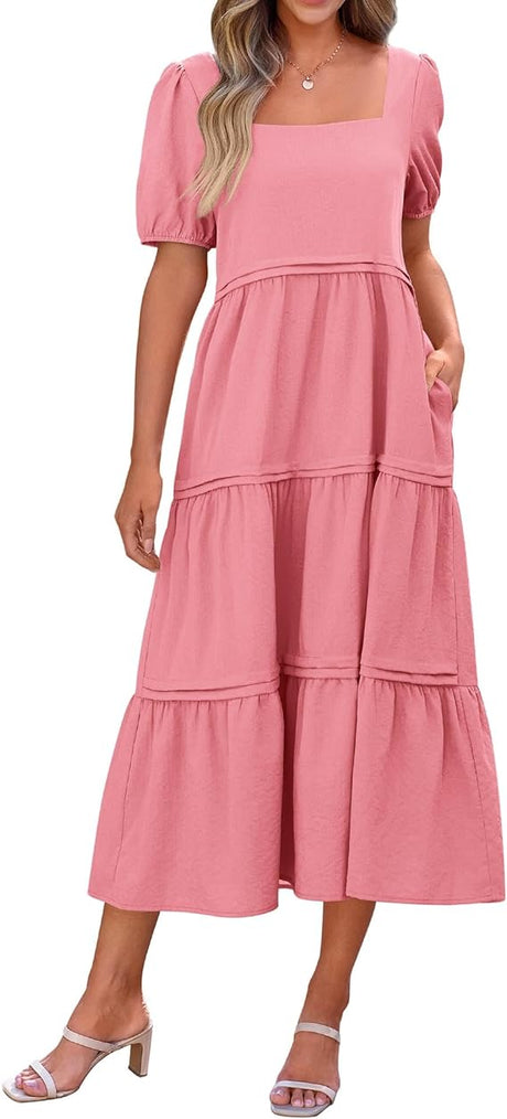 Womens Summer Maxi Dress Casual Loose Puff Sleeve Square Neck Tiered Maternity Flowy Long Dresses with Pockets