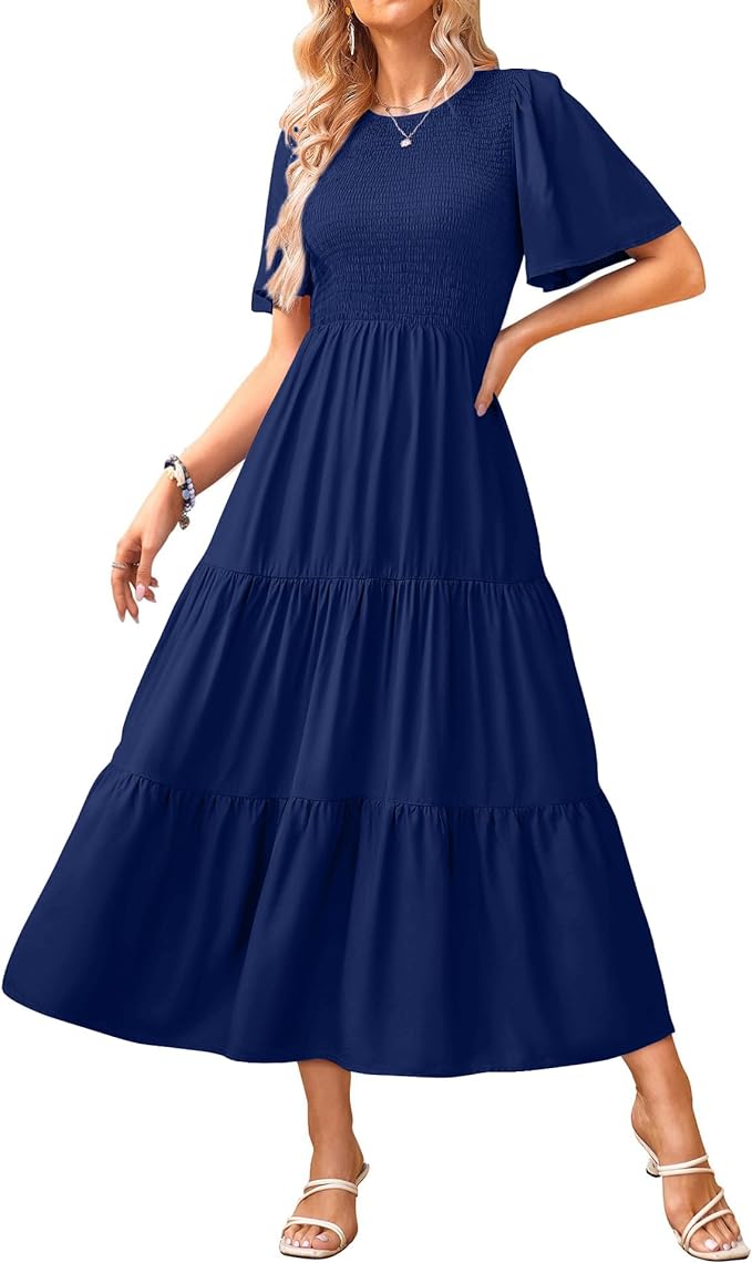 Womens Fashion 2024 Spring Summer Casual Flutter Short Sleeve Midi Dress Smocked Tiered Aline Going Out Dresses