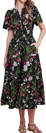Women Summer Floral Midi Dress 2024 Casual Short Sleeve V Neck Tiered Ruffle Flowy Boho