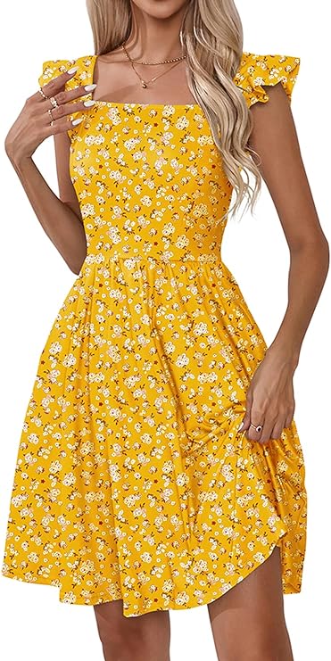Women's Summer Dresses Casual Square Neck Floral Sundress with Pockets A Line Flowy Beach Dress
