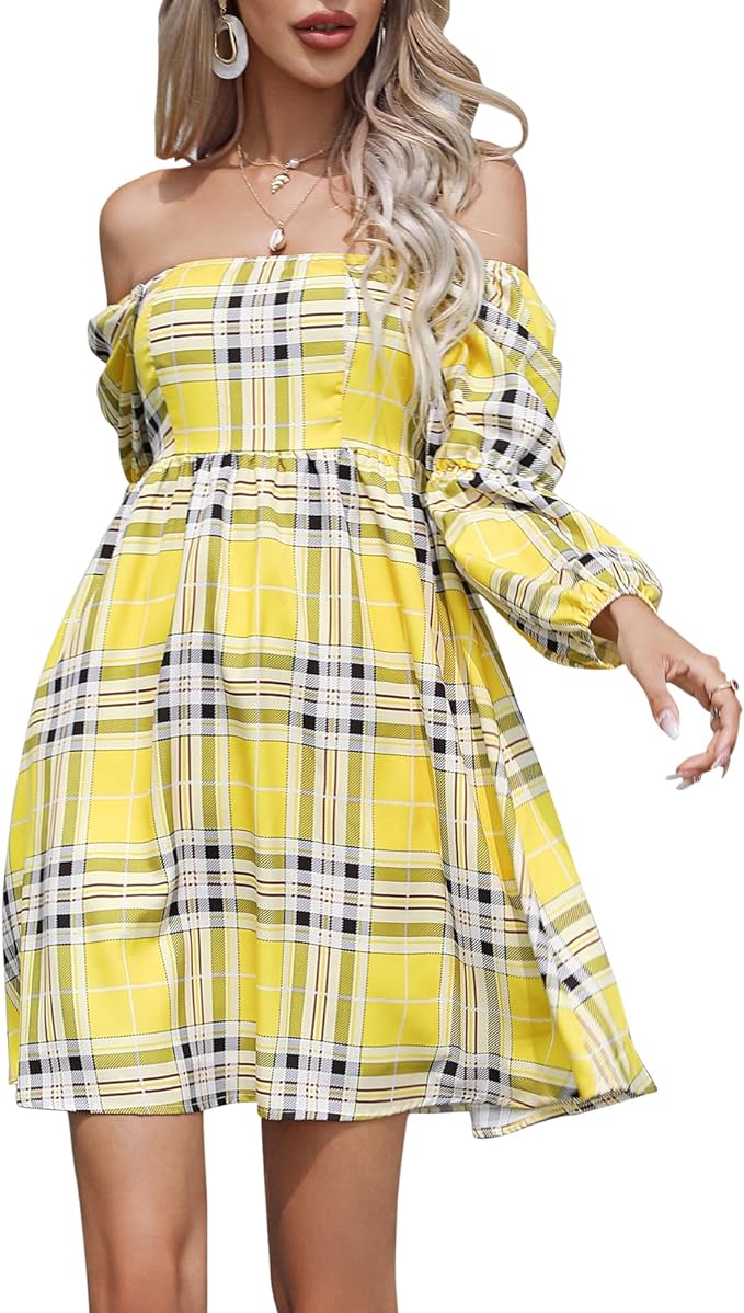 Womens Square Neck Dress Long Puff Sleeve A-Line Casual Short Mini Dress