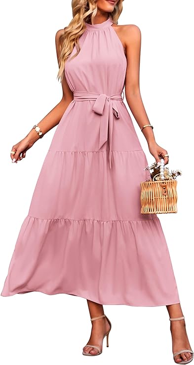 Women's Summer Floral Maxi Sun Dress Sleeveless Halter Neck Flowy Ruffle Hem Long Boho Dresses with Belt