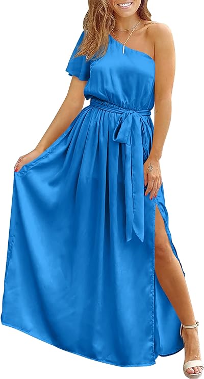Women's Satin Long Sleeve One Shoulder Maxi Dress Asymmetrical Tie Waist Slit Party Cocktail Long Formal Prom Dress