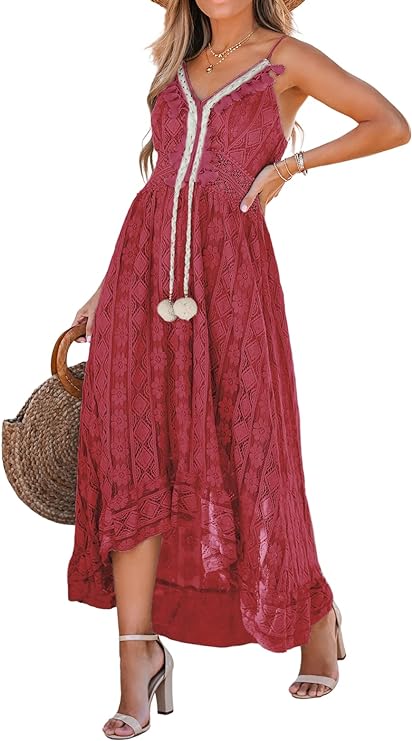 Women's Lace Dresses Boho Tassel V-Neck Flare Ruffle Adjustable Straps Beach Summer Maxi Dress