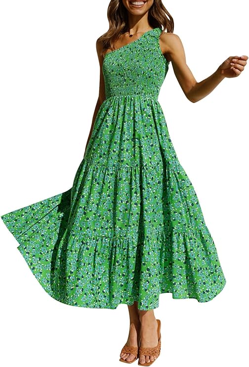 Women's 2024 Bohemian Summer Floral Print One Shoulder Sleeveless Smocked Ruffle Tiered Beach Long Midi Dress