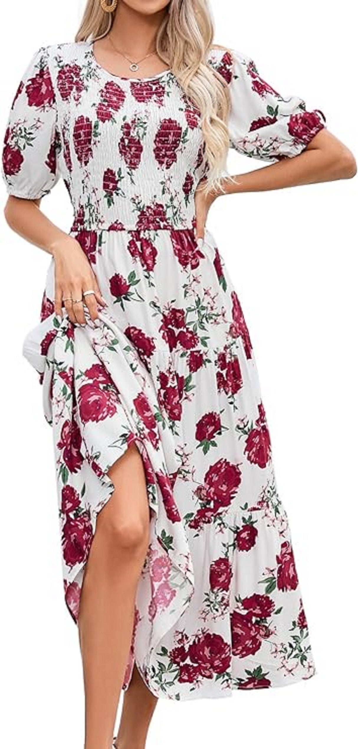 Chic Bohemian Ruffle Midi Women's Dress - Floral Elegance, Puff Sleeves, Summer Perfection