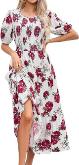 Chic Bohemian Ruffle Midi Women's Dress - Floral Elegance, Puff Sleeves, Summer Perfection