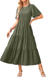 Womens Fashion 2024 Spring Summer Casual Flutter Short Sleeve Midi Dress Smocked Tiered Aline Going Out Dresses