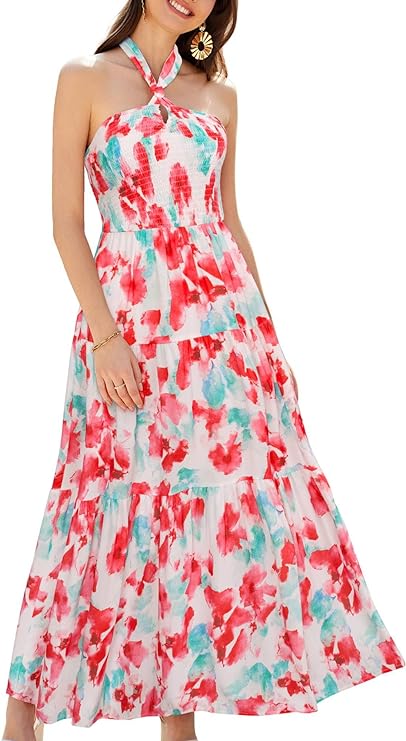 Women's Summer Dresses 2024 Halter Neck Sleeveless Smocked Backless Cut Out Floral Flowy A Line Maxi Dress