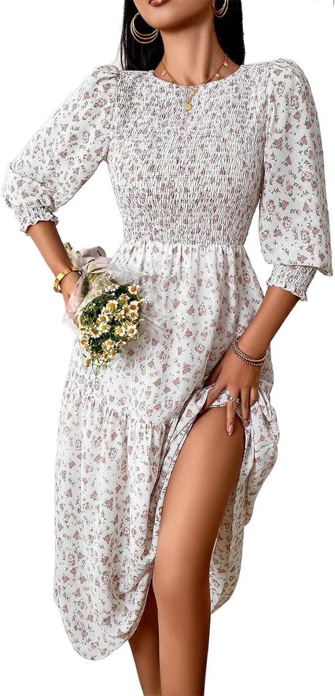 202404301016 Women's Casual Long Sleeve Floral Dress Crewneck A-Line Mid Length Dress