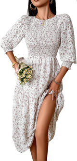 202404301016 Women's Casual Long Sleeve Floral Dress Crewneck A-Line Mid Length Dress