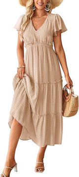 Women's 2024 Fashion Summer Maxi Dresses Boho Beach V Neck Flutter Short Sleeve Tiered Long Dress