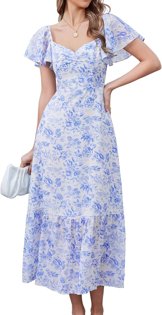 Women's 2024 Summer Short Sleeve Midi Floral Dresses Casual Boho Flowy Beach Dress Smocked Sundresses