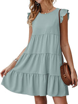 Women's Summer Dresses Sleeveless Ruffle Sleeve Round Neck Solid Loose Short Flowy Pleated Mini Babydoll Dress