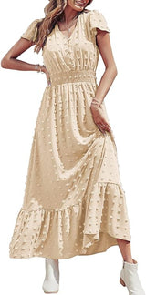 Womens Dresses 2024 Boho Short Sleeve V Neck Swiss Dot Ruffle Tiered Maxi Dress Smocked Long Cocktail Dresses