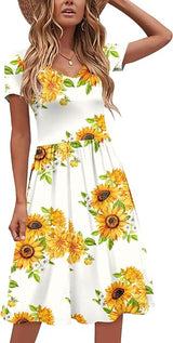 Women 2024 Casual Summer Dresses Spring V Neck Short Sleeve Knee Length Beach Dress with Pockets