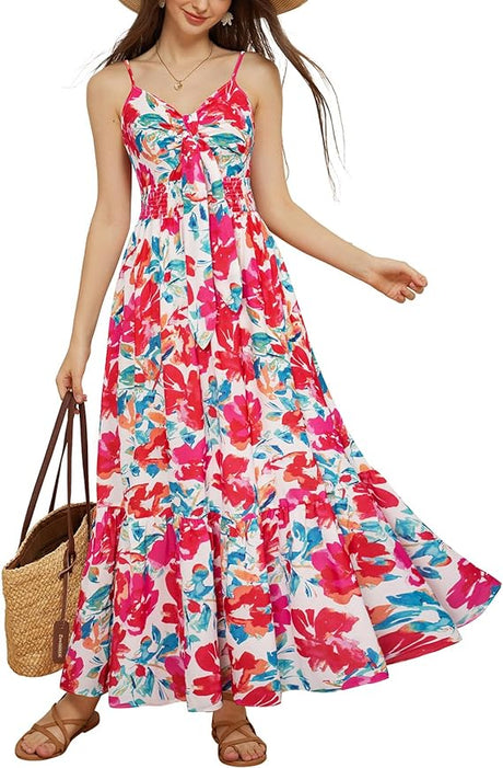 202404261402 Women's 2024 Summer Beach Dress Floral V Neck Tie Front Spaghetti Strap Flowy Long Dress Boho Maxi Dress
