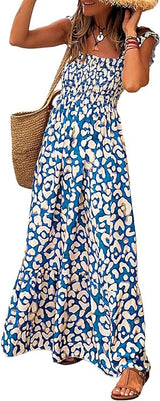 Maxi Dress for Women Summer Boho Spaghetti Strap Square Neck Ruffle Beach Sun Dress