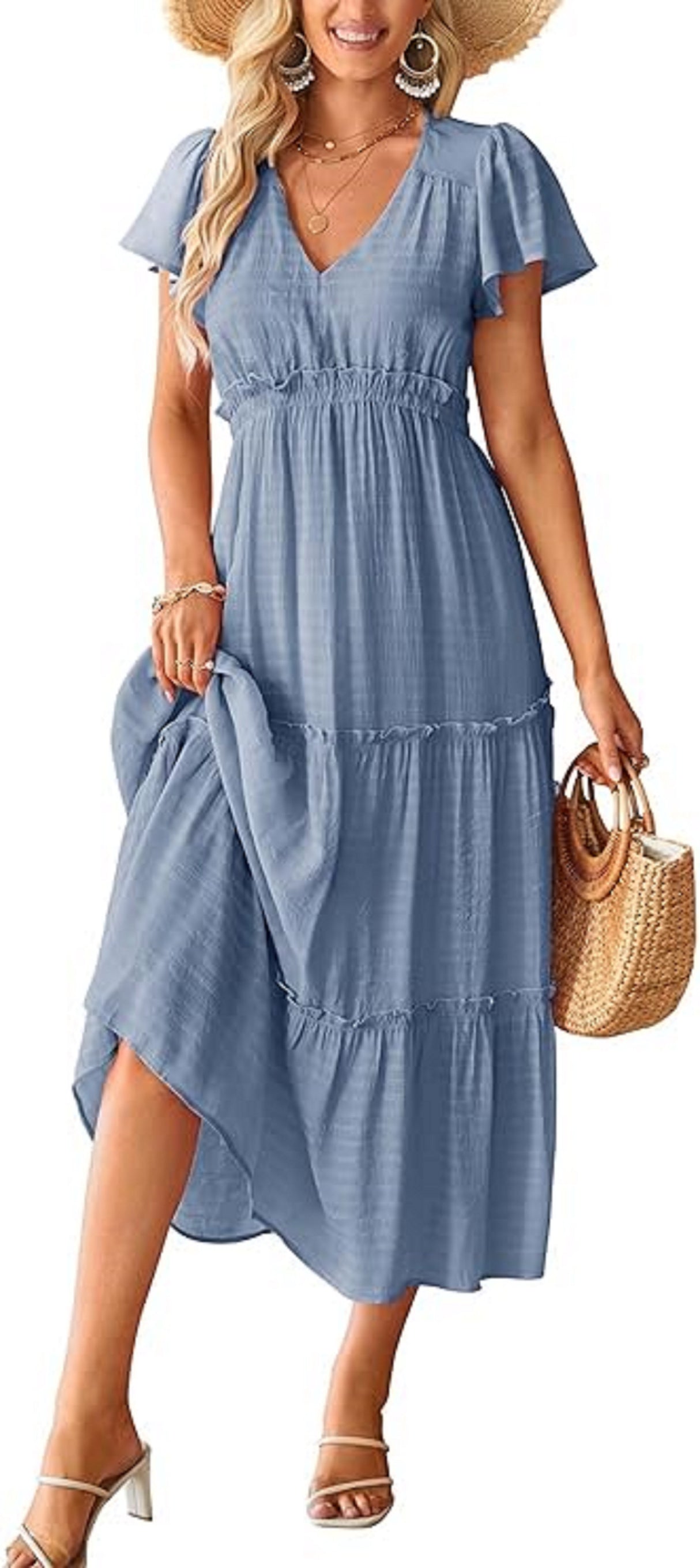 Women's 2024 Fashion Summer Maxi Dresses Boho Beach V Neck Flutter Short Sleeve Tiered Long Dress