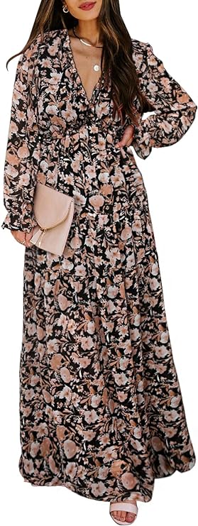 202404301012 Womens Casual Floral Deep V Neck Long Sleeve Long Evening Dress Cocktail Party Maxi Wedding Dresses