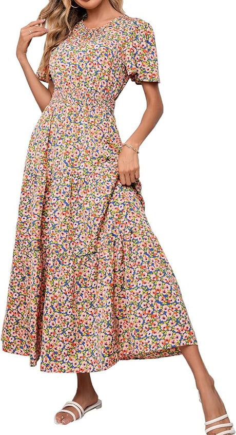 Women's Summer Casual Short Flutter Sleeve Round Neck Smocked Waist Tiered Boho Floral Flowy Maxi Dress
