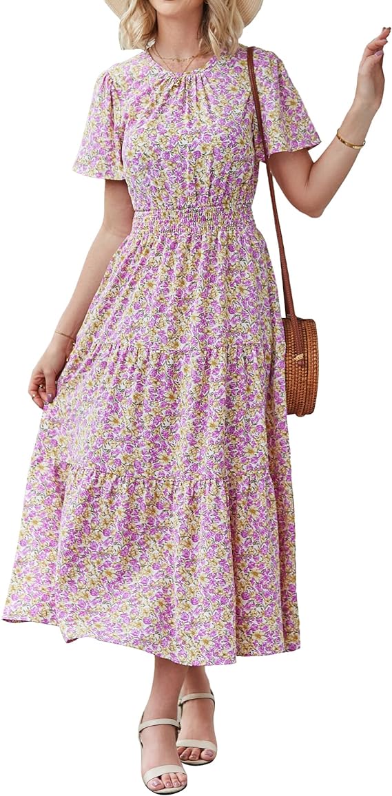 Women's Summer Casual Short Flutter Sleeve Round Neck Smocked Waist Tiered Boho Floral Flowy Maxi Dress