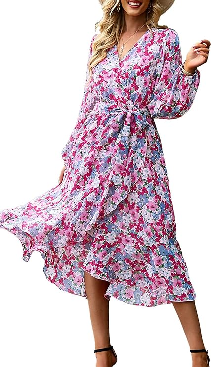 PRETTYGARDEN Women's Floral Print Boho Dress Long Sleeve Wrap V Neck Ruffle Belted A-Line Flowy Maxi Dresses