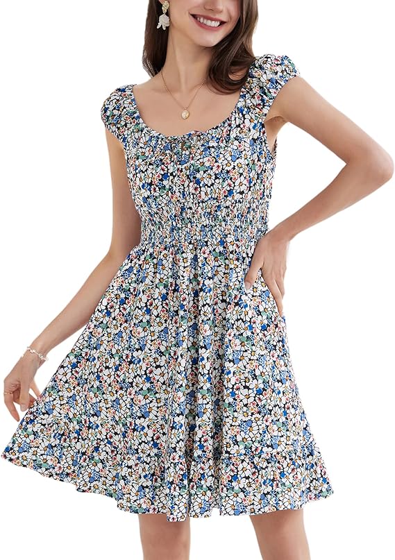 KARIN 2024 Women's Summer Floral Dress Cap Sleeve Smocked Flowy Short Dress Boho Flared Skater Mini Dresses