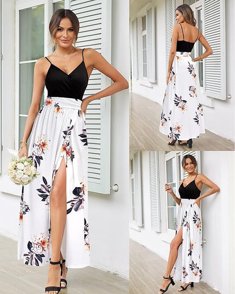 Women's 2024 Summer Maxi Dress Spaghetti Strap Spring Casual Boho V Neck Split Beach Long Flowy Dresses Trendy