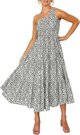 Women's 2024 Bohemian Summer Floral Print One Shoulder Sleeveless Smocked Ruffle Tiered Beach Long Midi Dress