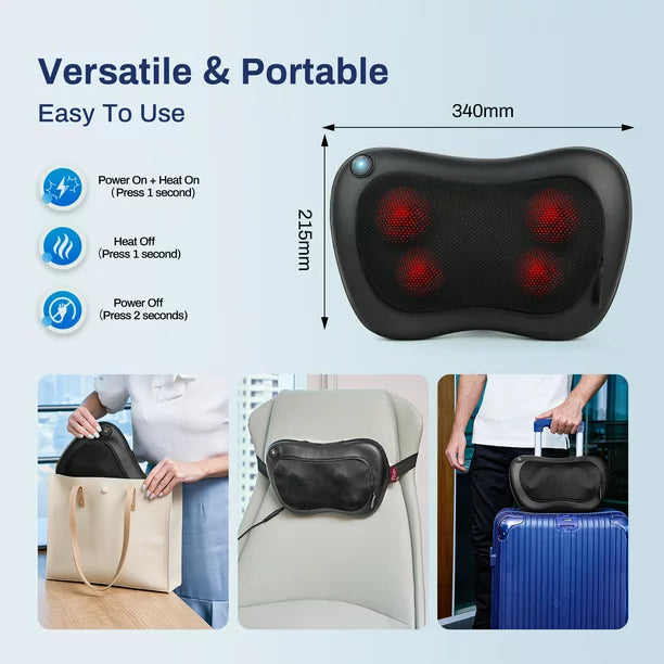 Back and Neck Massager Pillow with Soothing Heat 3D Deep Tissue Kneading Leg Shoulder Massager, 4 Deep-Kneading Shiatsu Massage Nodes for Back, Neck and Shoulders for Muscle Pain Relief