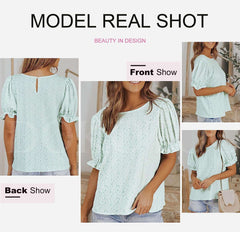 Floral Print Blouses for Women Crewneck Smocked Puff Sleeve Shirts Casual Babydoll Tops